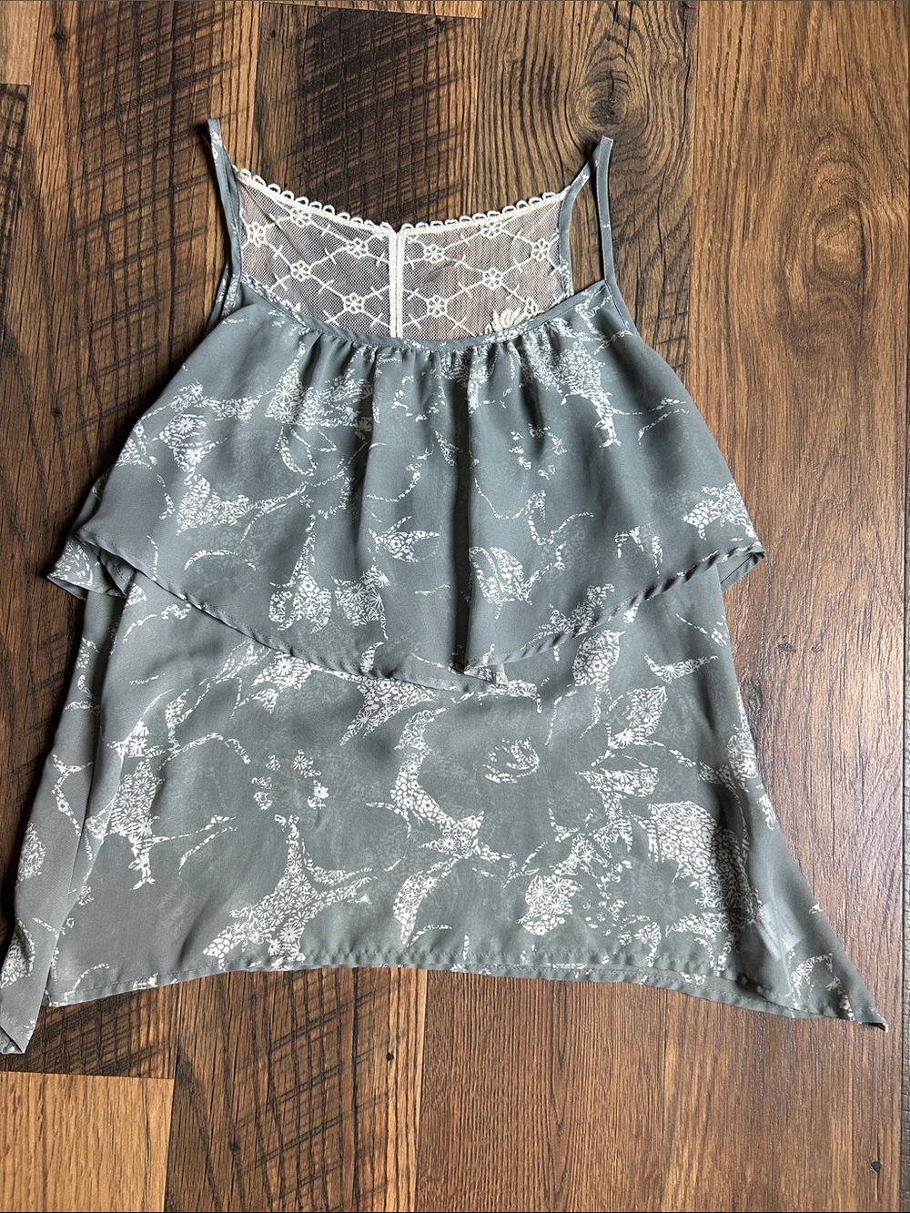 Kirra Gray Floral Lace Yoke Ruffle Cami